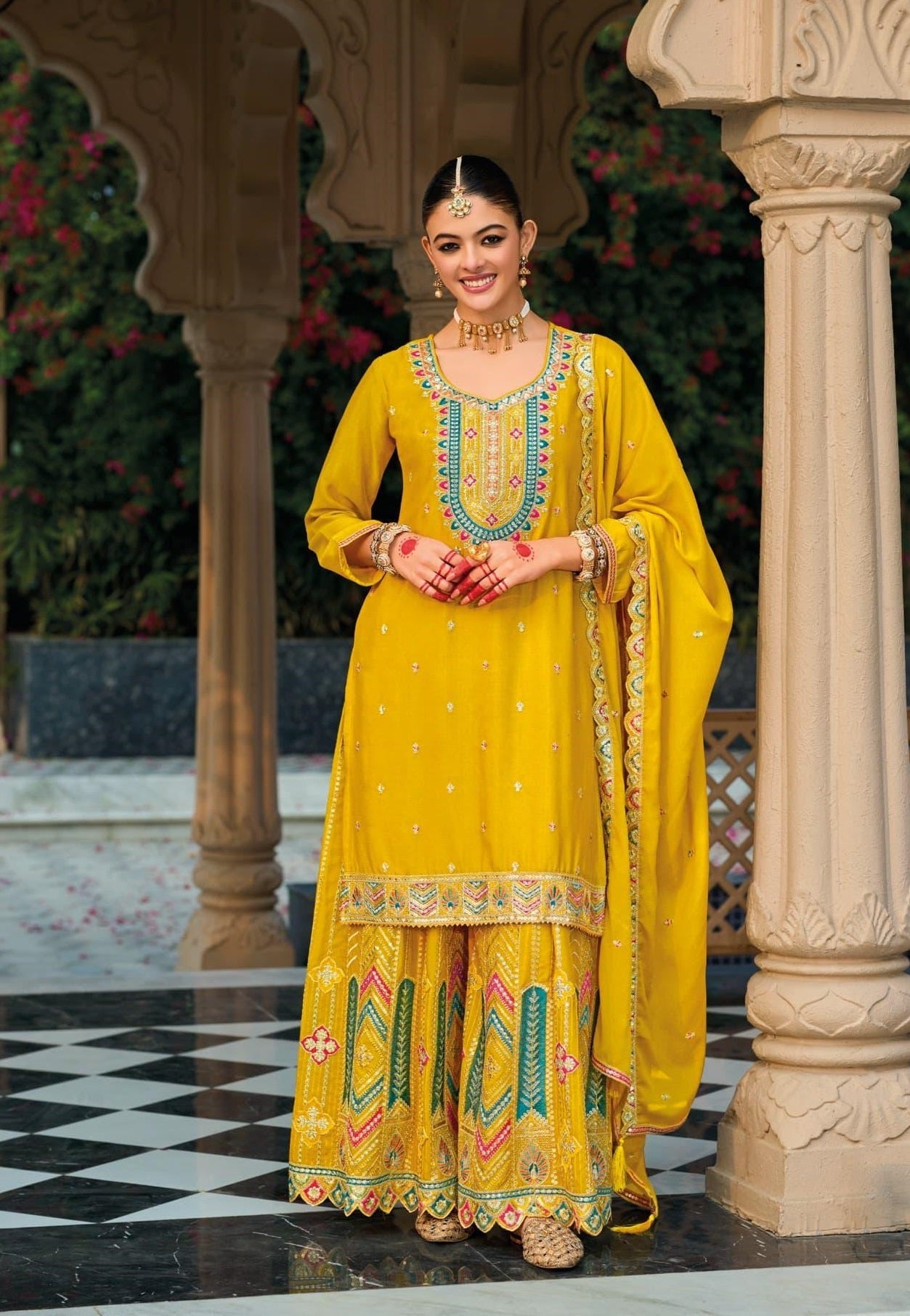 Anaita Yellow Premium Embroidered Chinon Readymade Salwar Suit | Grocsy