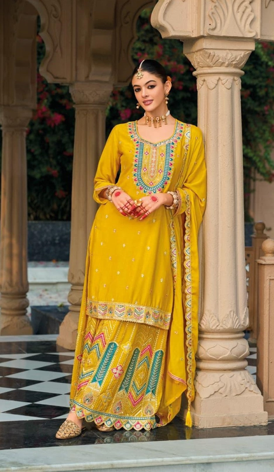 Anaita Yellow Premium Embroidered Chinon Readymade Salwar Suit | Grocsy