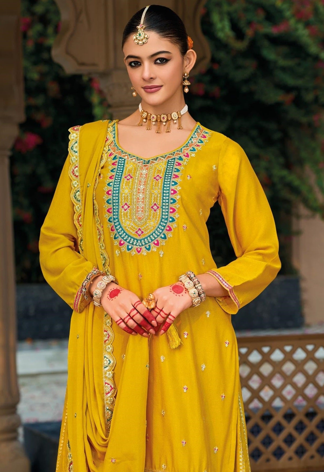 Anaita Yellow Premium Embroidered Chinon Readymade Salwar Suit | Grocsy