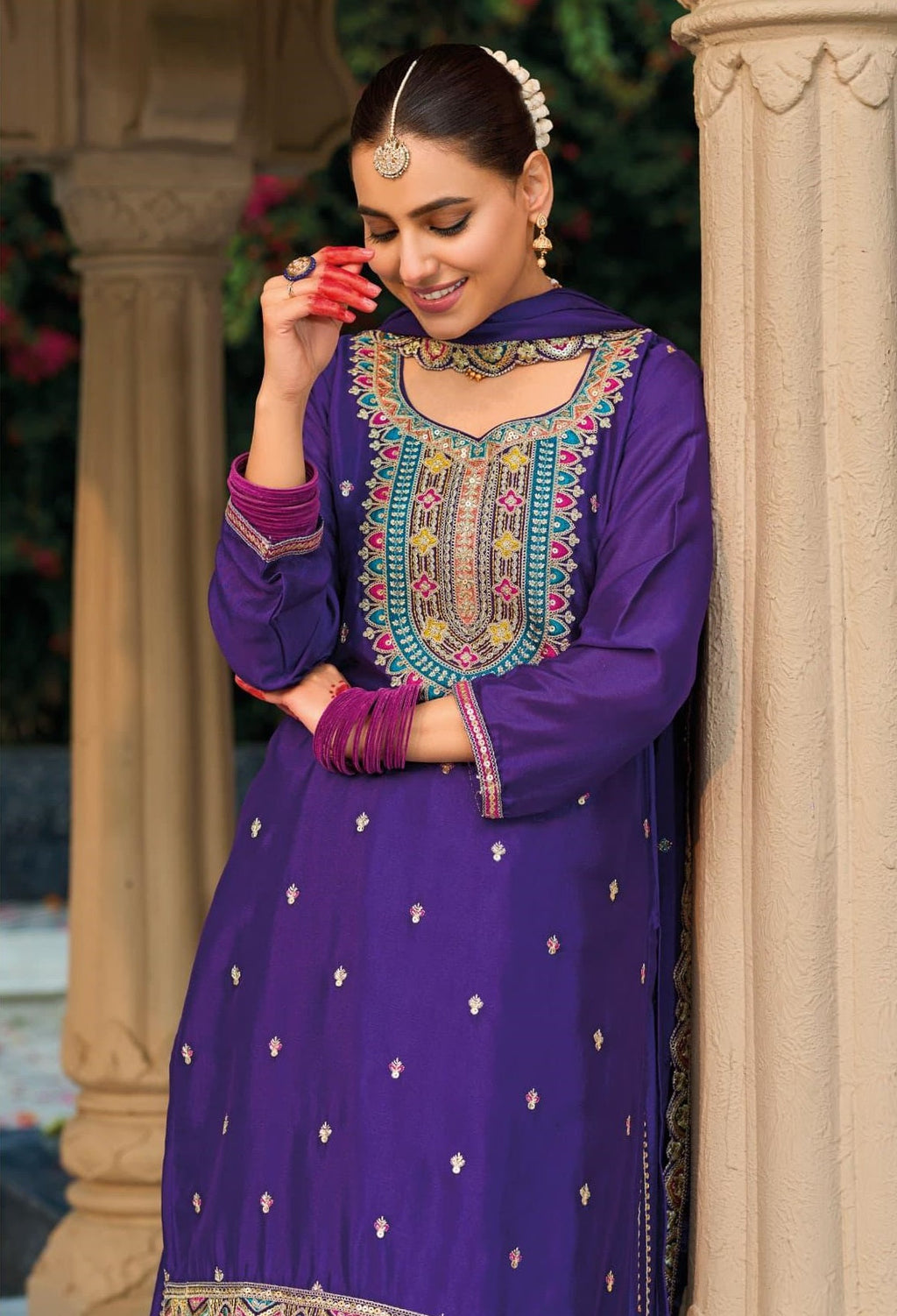 Anaita Purple Premium Embroidered Chinon Readymade Salwar Suit | Grocsy