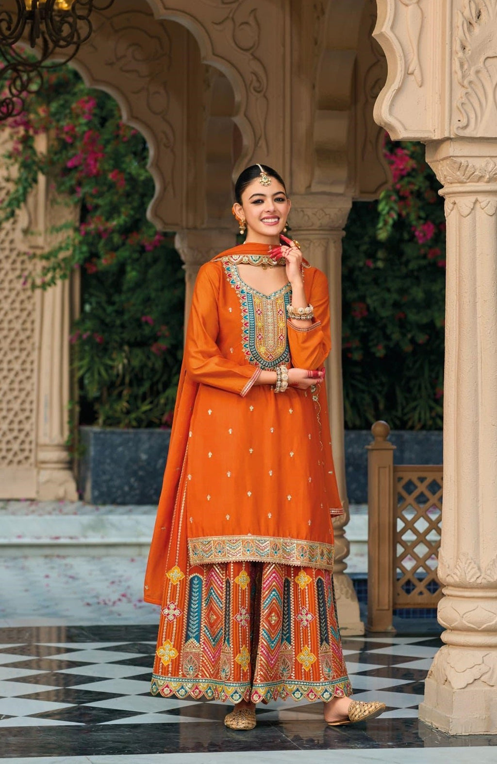 Anaita Orange Premium Embroidered Chinon Readymade Salwar Suit | Grocsy