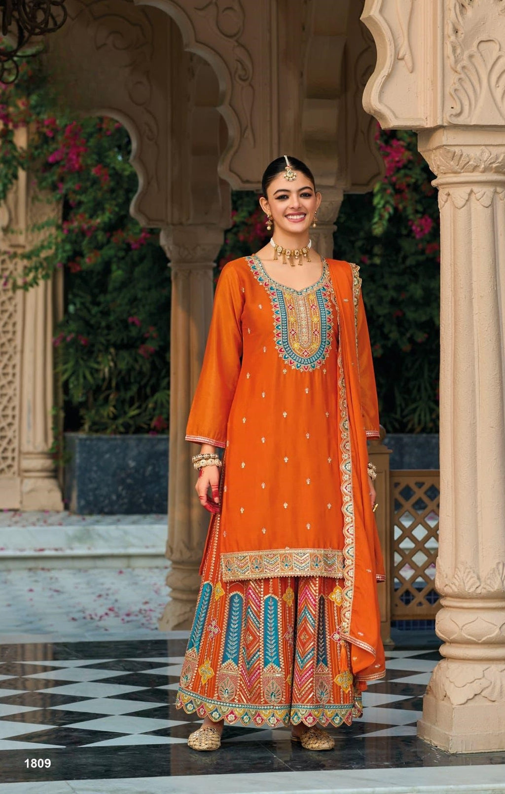 Anaita Orange Premium Embroidered Chinon Readymade Salwar Suit | Grocsy