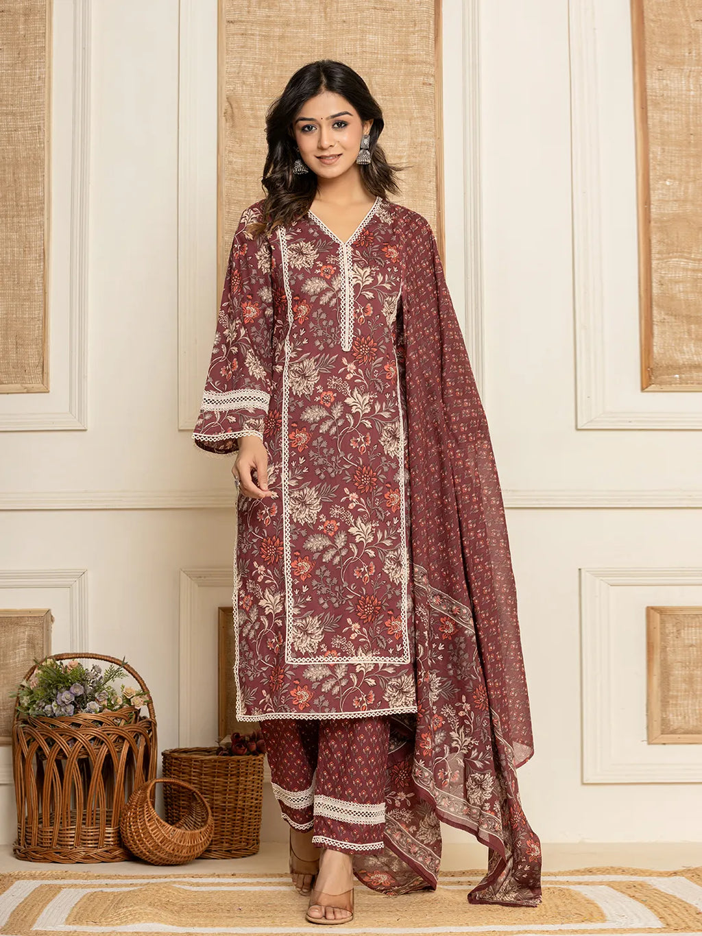 Yufta Maroon Floral Print Cotton Straight Style Kurta And Trouser With Dupatta | Grocsy