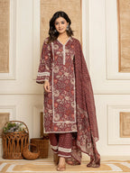 Yufta Maroon Floral Print Cotton Straight Style Kurta And Trouser With Dupatta | Grocsy