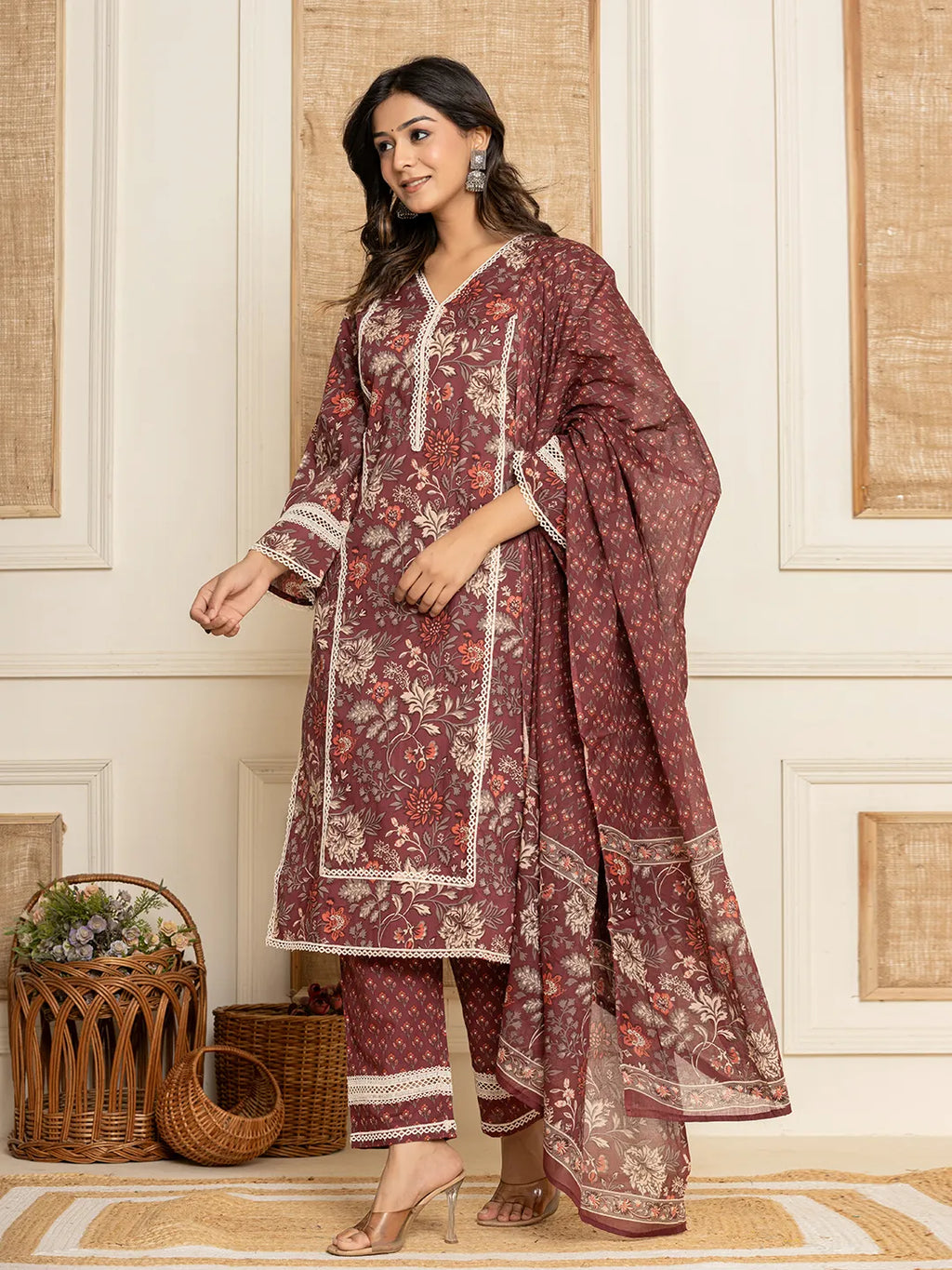 Yufta Maroon Floral Print Cotton Straight Style Kurta And Trouser With Dupatta | Grocsy