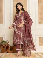 Yufta Maroon Floral Print Cotton Straight Style Kurta And Trouser With Dupatta | Grocsy