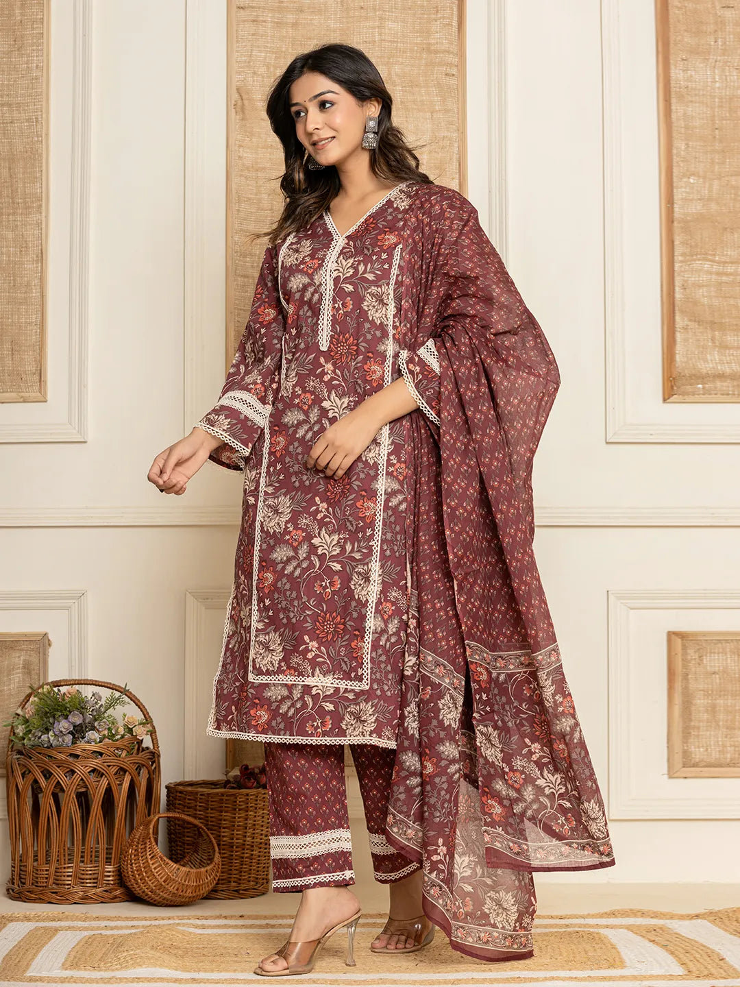 Yufta Maroon Floral Print Cotton Straight Style Kurta And Trouser With Dupatta | Grocsy