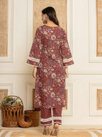Yufta Maroon Floral Print Cotton Straight Style Kurta And Trouser With Dupatta | Grocsy