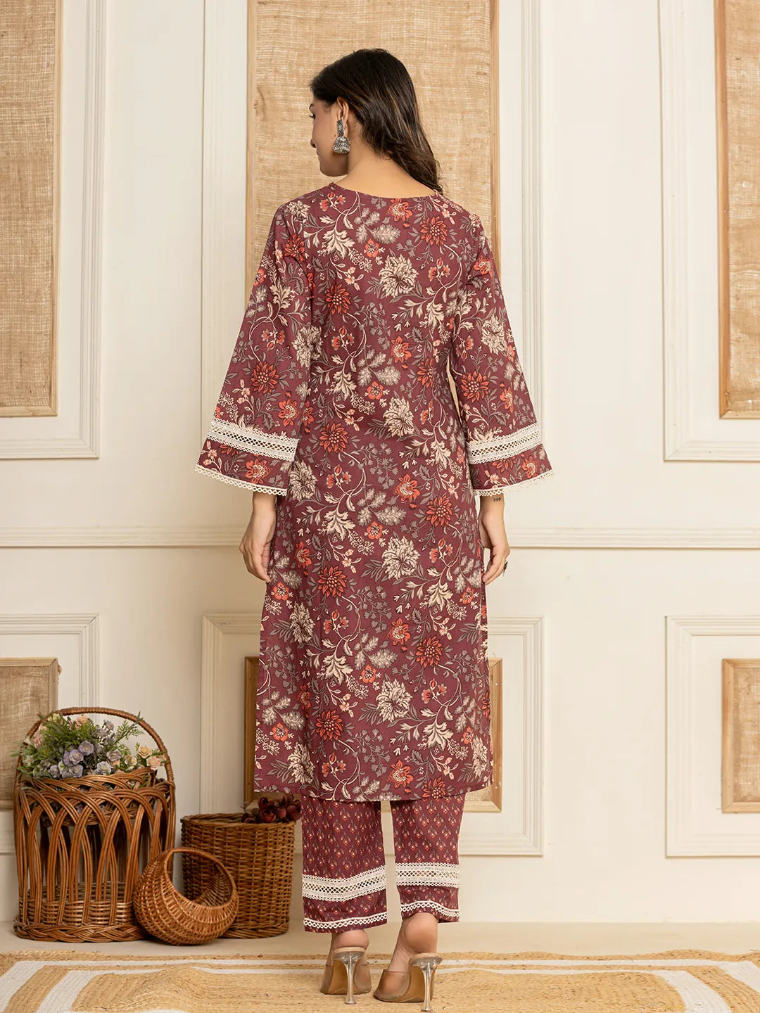 Yufta Maroon Floral Print Cotton Straight Style Kurta And Trouser With Dupatta | Grocsy