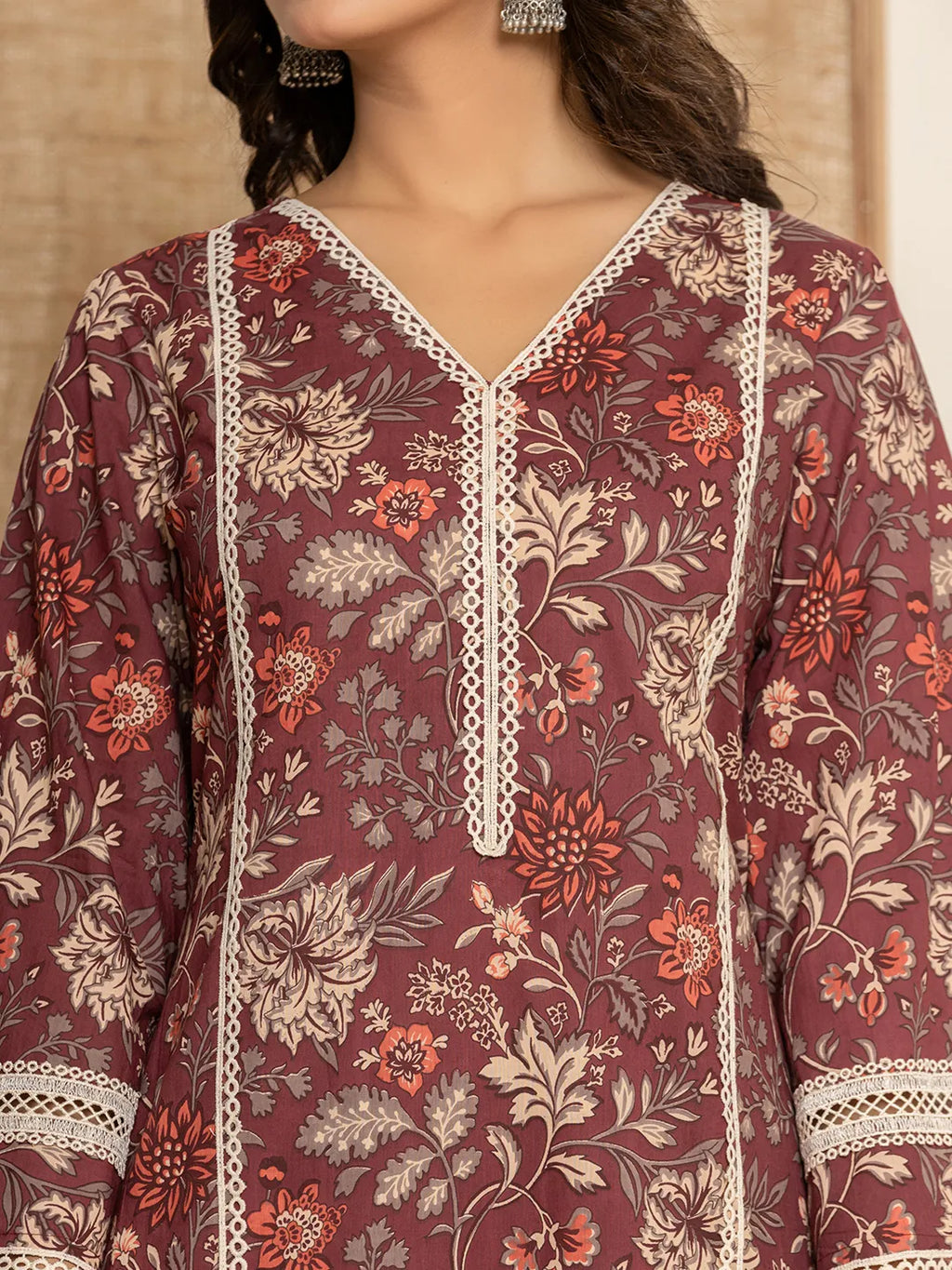 Yufta Maroon Floral Print Cotton Straight Style Kurta And Trouser With Dupatta | Grocsy