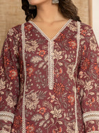 Yufta Maroon Floral Print Cotton Straight Style Kurta And Trouser With Dupatta | Grocsy