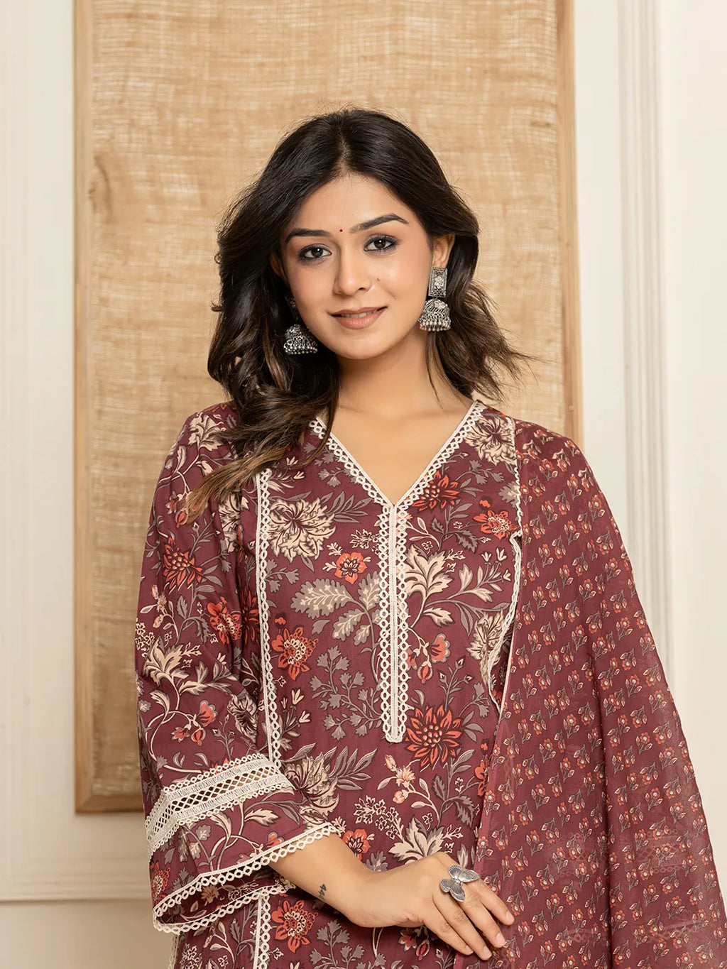 Yufta Maroon Floral Print Cotton Straight Style Kurta And Trouser With Dupatta | Grocsy