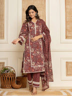 Yufta Maroon Floral Print Cotton Straight Style Kurta And Trouser With Dupatta | Grocsy