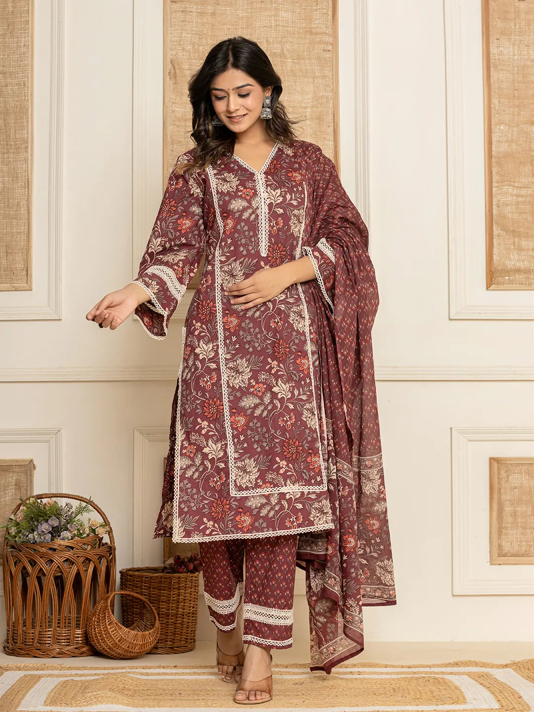 Yufta Maroon Floral Print Cotton Straight Style Kurta And Trouser With Dupatta | Grocsy