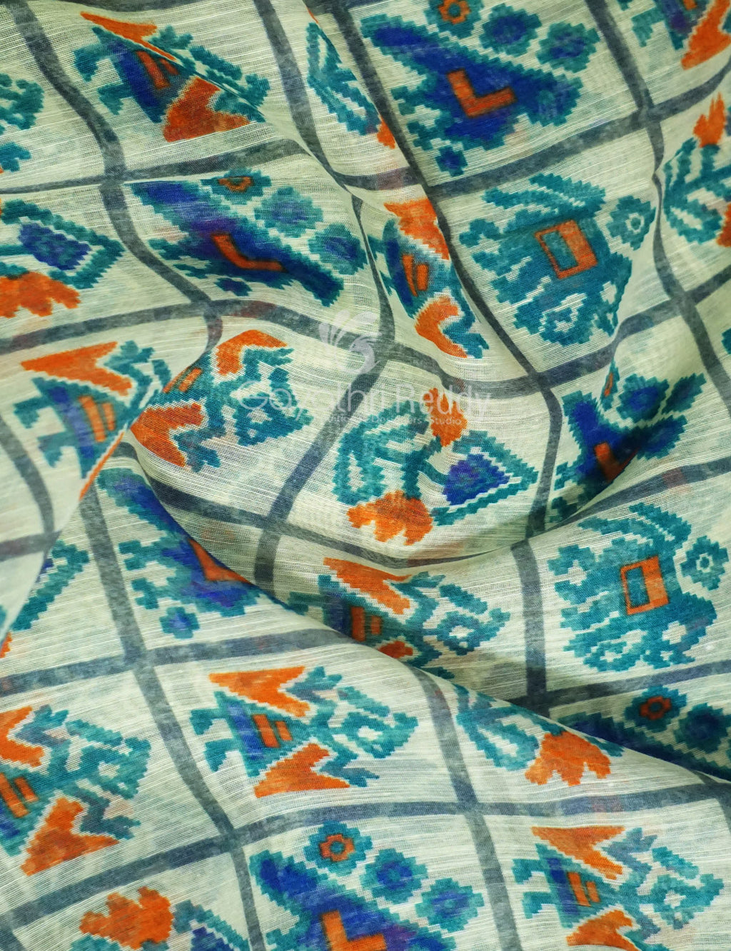 Shades of Cream Colour And Ink Blue Blouse Patola Design Semi Chanderi Saree By Gayathri Reddy Designer Studio | Grocsy