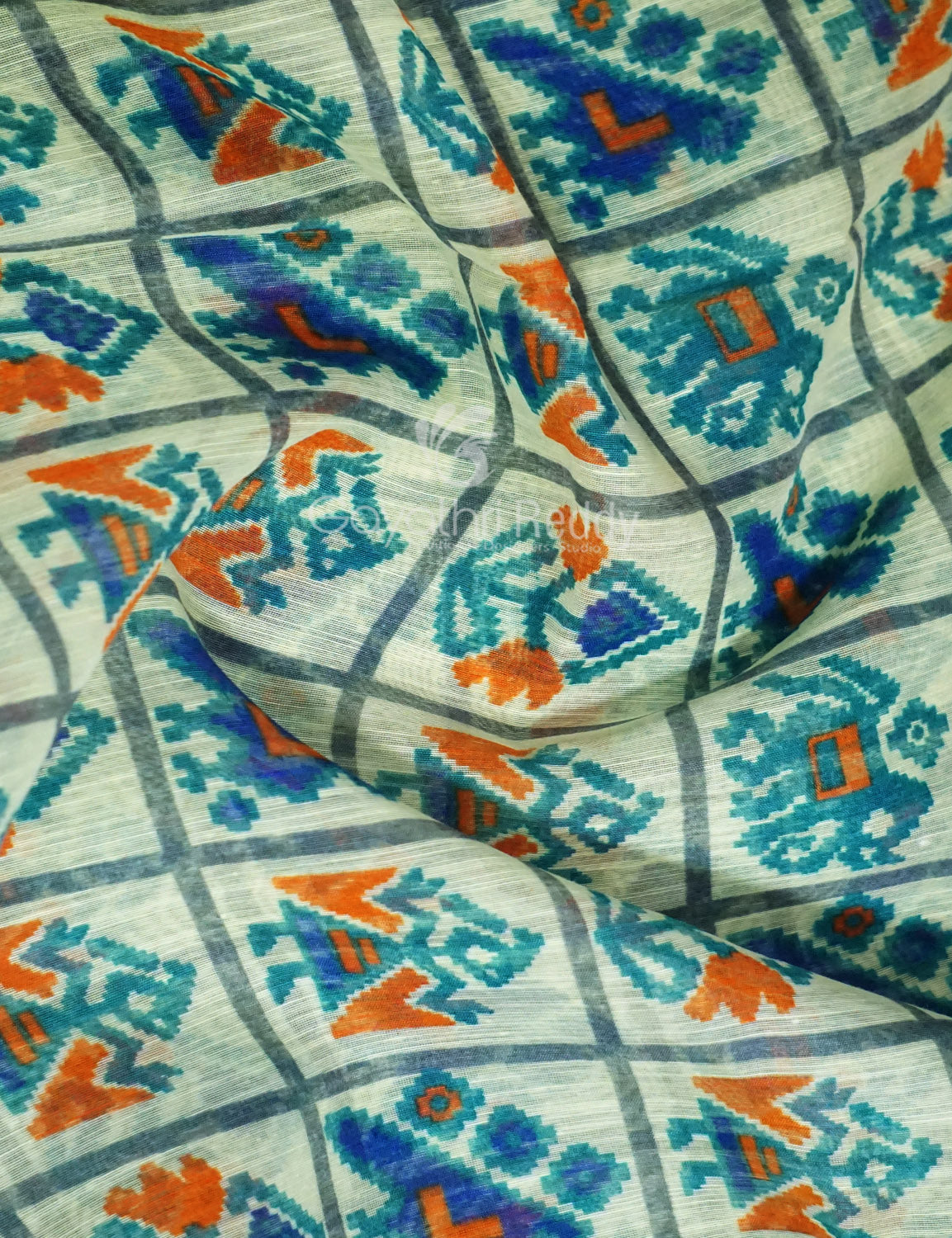 Shades of Cream Colour And Ink Blue Blouse Patola Design Semi Chanderi Saree By Gayathri Reddy Designer Studio | Grocsy