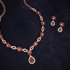 Tehzeeb Creations Elegant Rose Gold Polished American Diamond (Ad) Studded Necklace And Earring Set For Women | Grocsy