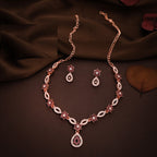 Tehzeeb Creations Elegant Rose Gold Polished American Diamond (Ad) Studded Necklace And Earring Set For Women | Grocsy