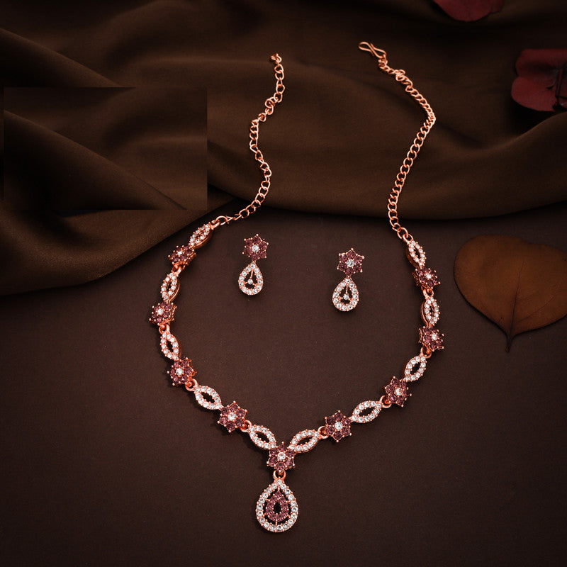 Tehzeeb Creations Elegant Rose Gold Polished American Diamond (Ad) Studded Necklace And Earring Set For Women | Grocsy