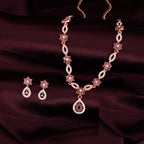 Tehzeeb Creations Elegant Rose Gold Polished American Diamond (Ad) Studded Necklace And Earring Set For Women | Grocsy