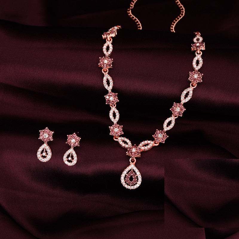 Tehzeeb Creations Elegant Rose Gold Polished American Diamond (Ad) Studded Necklace And Earring Set For Women | Grocsy