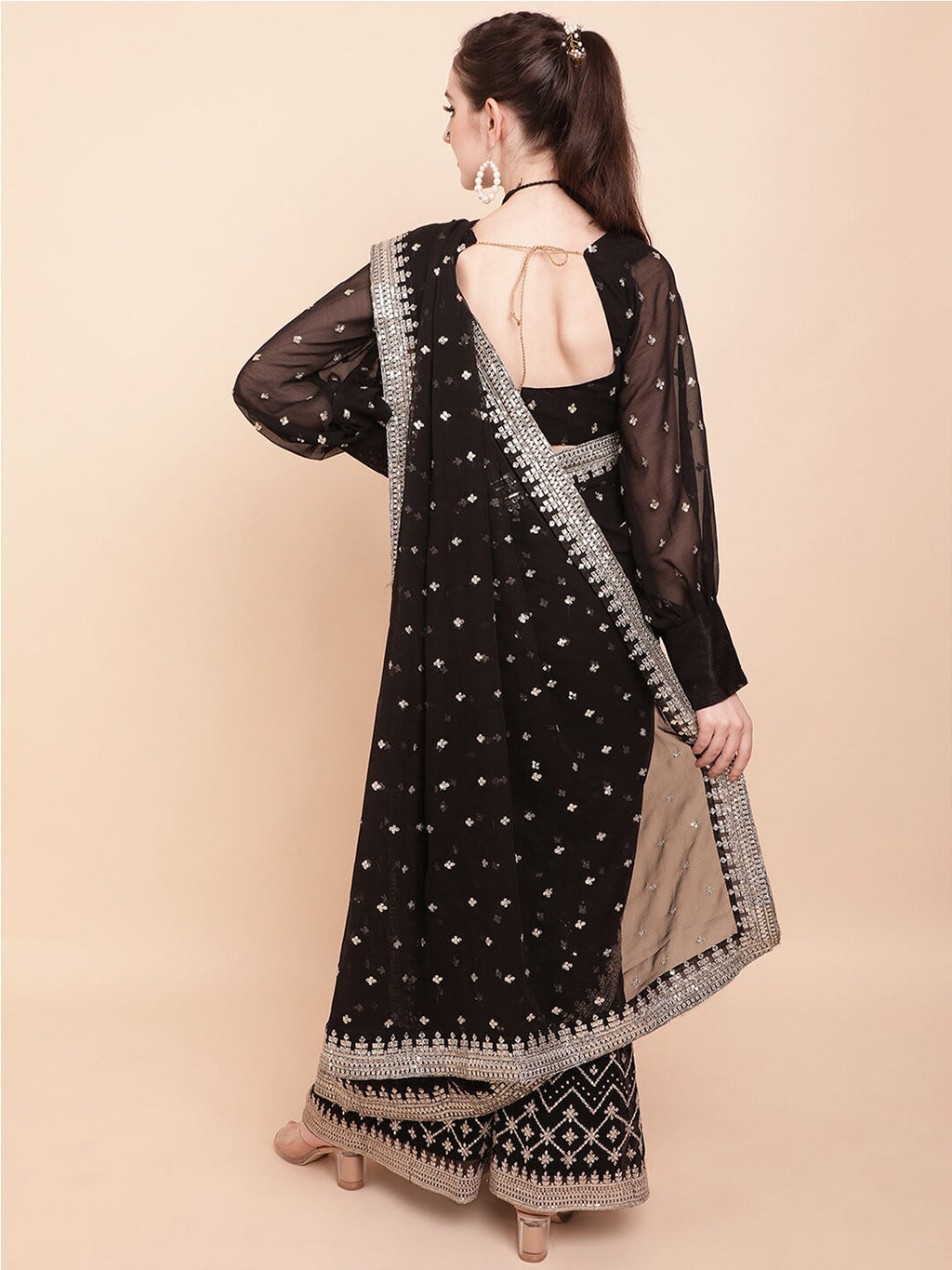 Sangria Black & White Embellished Sequinned Pure Georgette Palazzo Saree | Grocsy