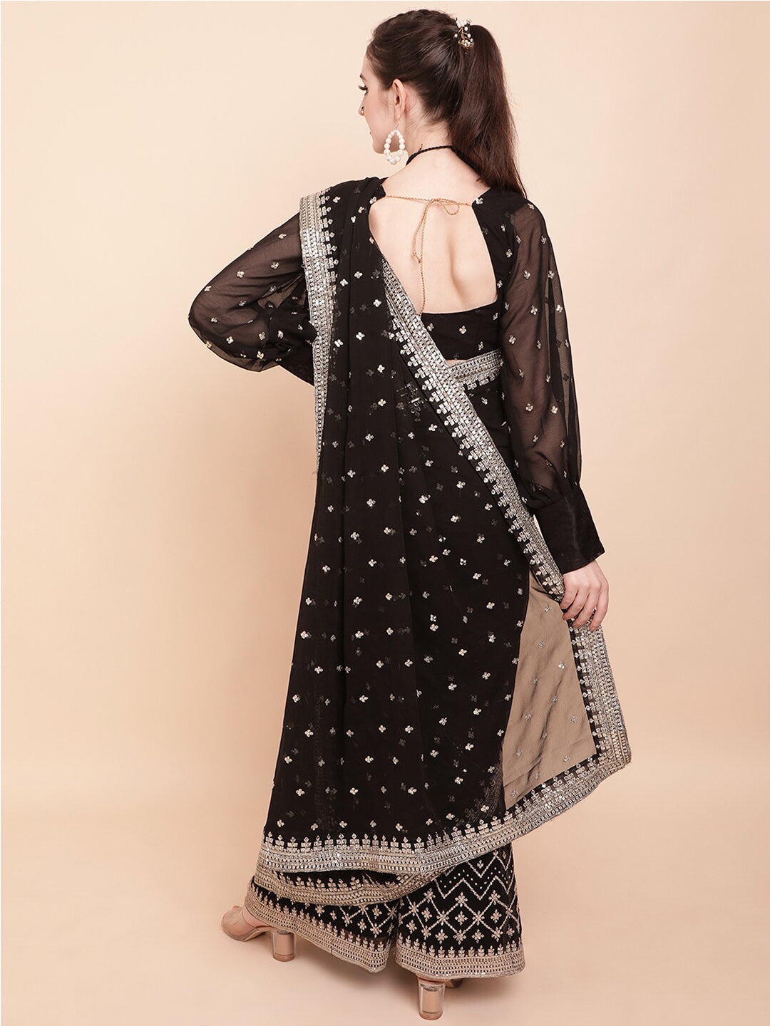 Sangria Black & White Embellished Sequinned Pure Georgette Palazzo Saree | Grocsy