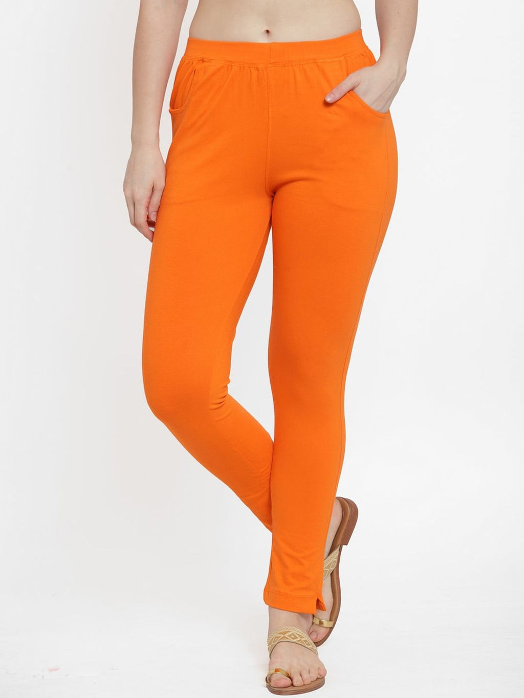 TAG 7 Women Pack Of 2 Orange & Black Solid Straight-Fit Ankle-Length Leggings | Grocsy