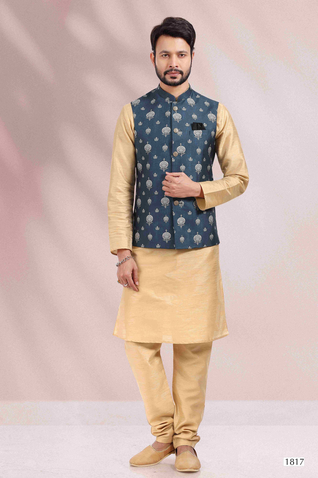 Raivat Ethnic Art Banarasi Silk Printed Work 3 Pics Jacket Set In Blue Colour | Grocsy