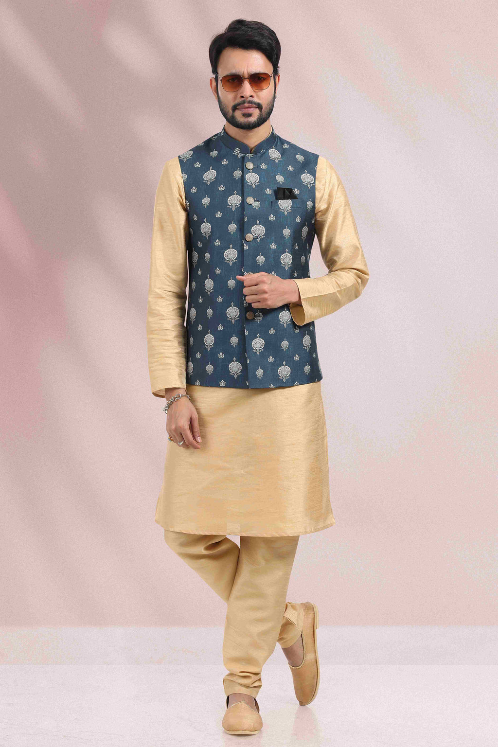 Raivat Ethnic Art Banarasi Silk Printed Work 3 Pics Jacket Set In Blue Colour | Grocsy