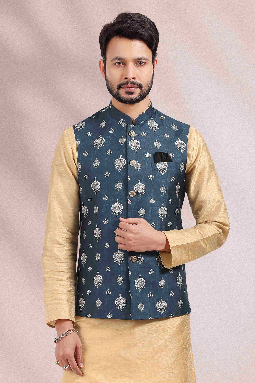 Raivat Ethnic Art Banarasi Silk Printed Work 3 Pics Jacket Set In Blue Colour | Grocsy