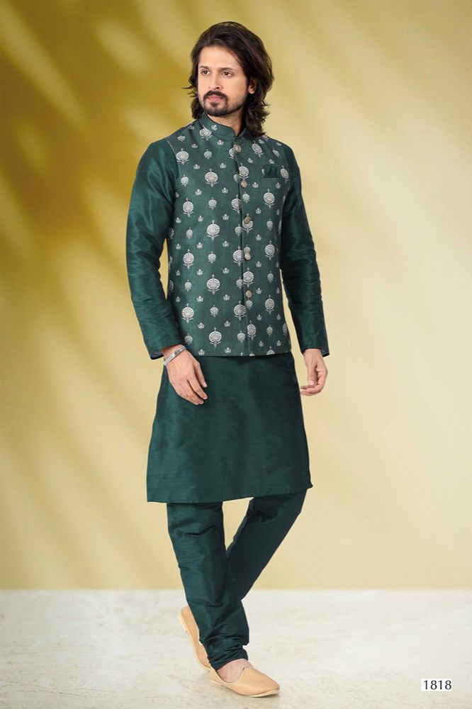 Raivat Ethnic Art Banarasi Silk Printed Work 3 Pics Jacket Set In Green Colour | Grocsy