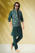 Raivat Ethnic Art Banarasi Silk Printed Work 3 Pics Jacket Set In Green Colour | Grocsy