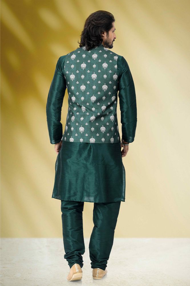 Raivat Ethnic Art Banarasi Silk Printed Work 3 Pics Jacket Set In Green Colour | Grocsy