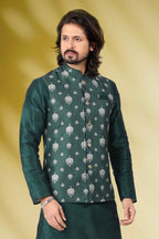 Raivat Ethnic Art Banarasi Silk Printed Work 3 Pics Jacket Set In Green Colour | Grocsy