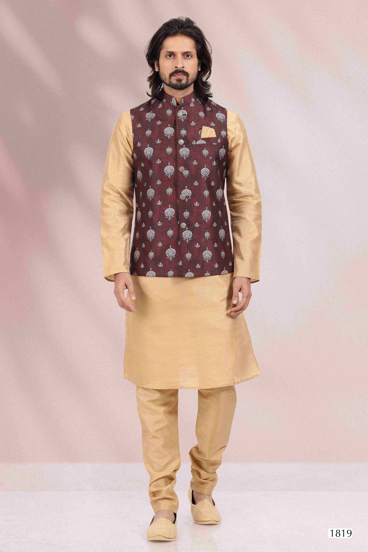 Raivat Ethnic Art Banarasi Silk Printed Work 3 Pics Jacket Set In Wine Colour | Grocsy