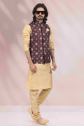 Raivat Ethnic Art Banarasi Silk Printed Work 3 Pics Jacket Set In Wine Colour | Grocsy