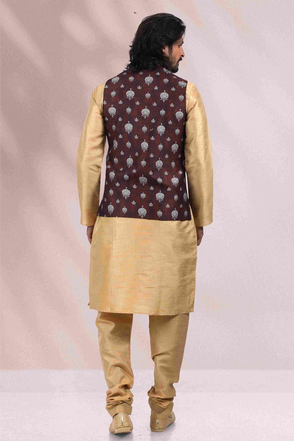 Raivat Ethnic Art Banarasi Silk Printed Work 3 Pics Jacket Set In Wine Colour | Grocsy