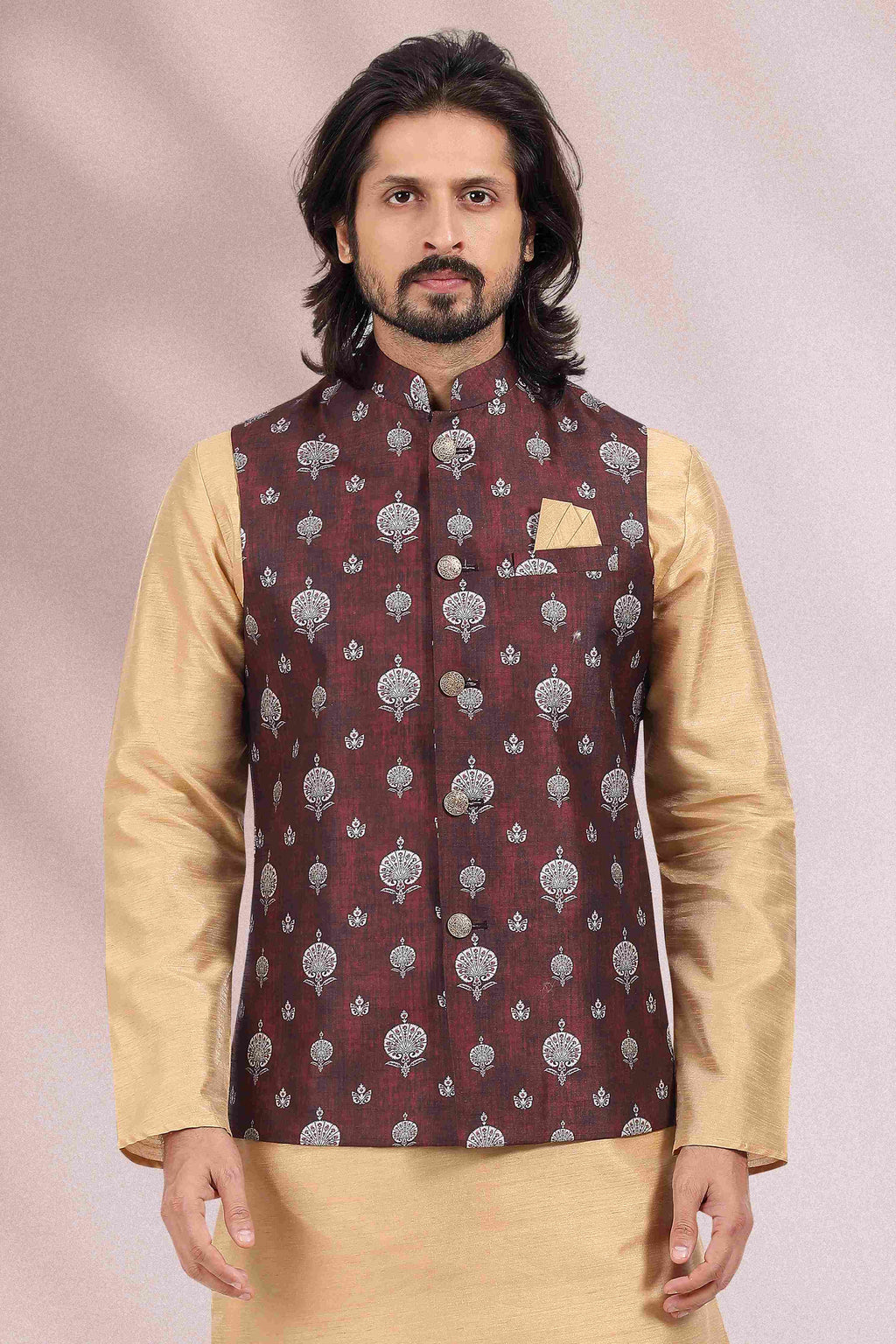 Raivat Ethnic Art Banarasi Silk Printed Work 3 Pics Jacket Set In Wine Colour | Grocsy
