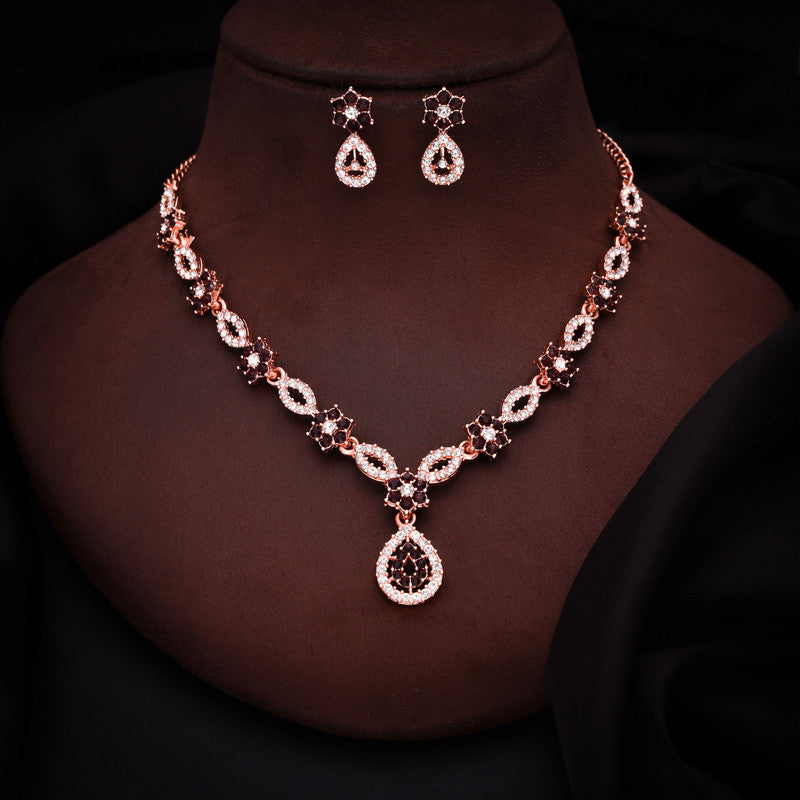 Tehzeeb Creations Elegant Maroon Polished American Diamond (Ad) Studded Necklace And Earring Set For Women | Grocsy