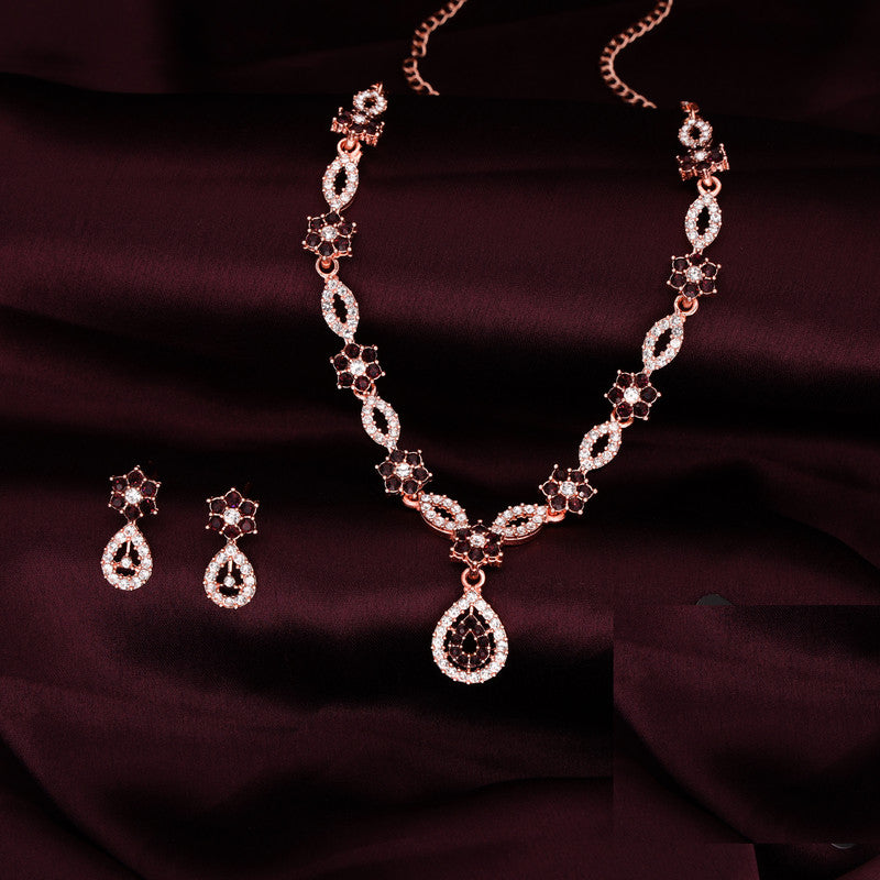Tehzeeb Creations Elegant Maroon Polished American Diamond (Ad) Studded Necklace And Earring Set For Women | Grocsy