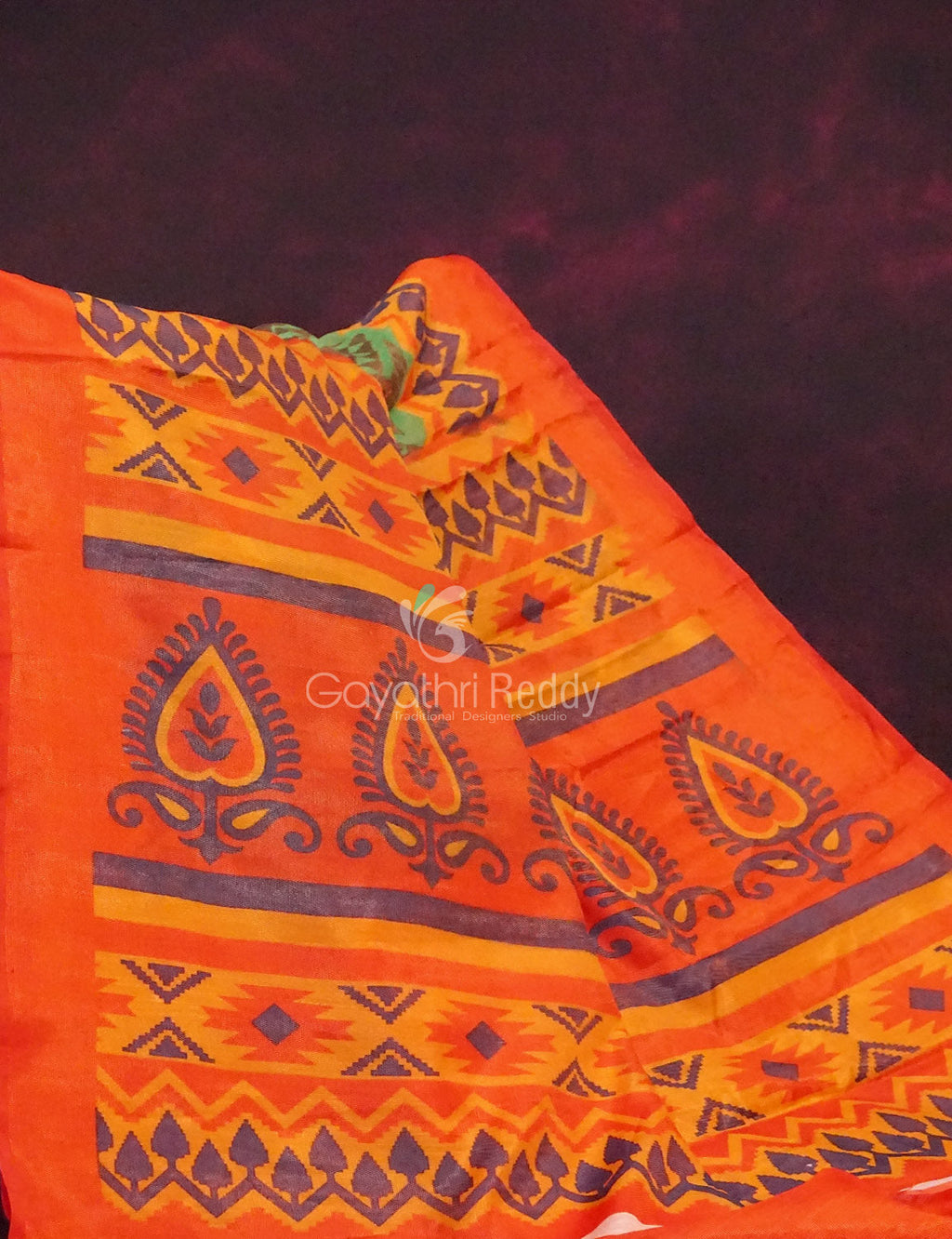 Parrot Green And Orange Colour Printed Cotton Brasso Saree By Gayathri Reddy Designer Studio | Grocsy