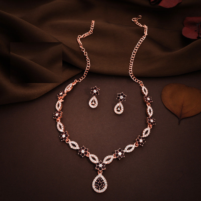 Tehzeeb Creations Elegant Maroon Polished American Diamond (Ad) Studded Necklace And Earring Set For Women | Grocsy