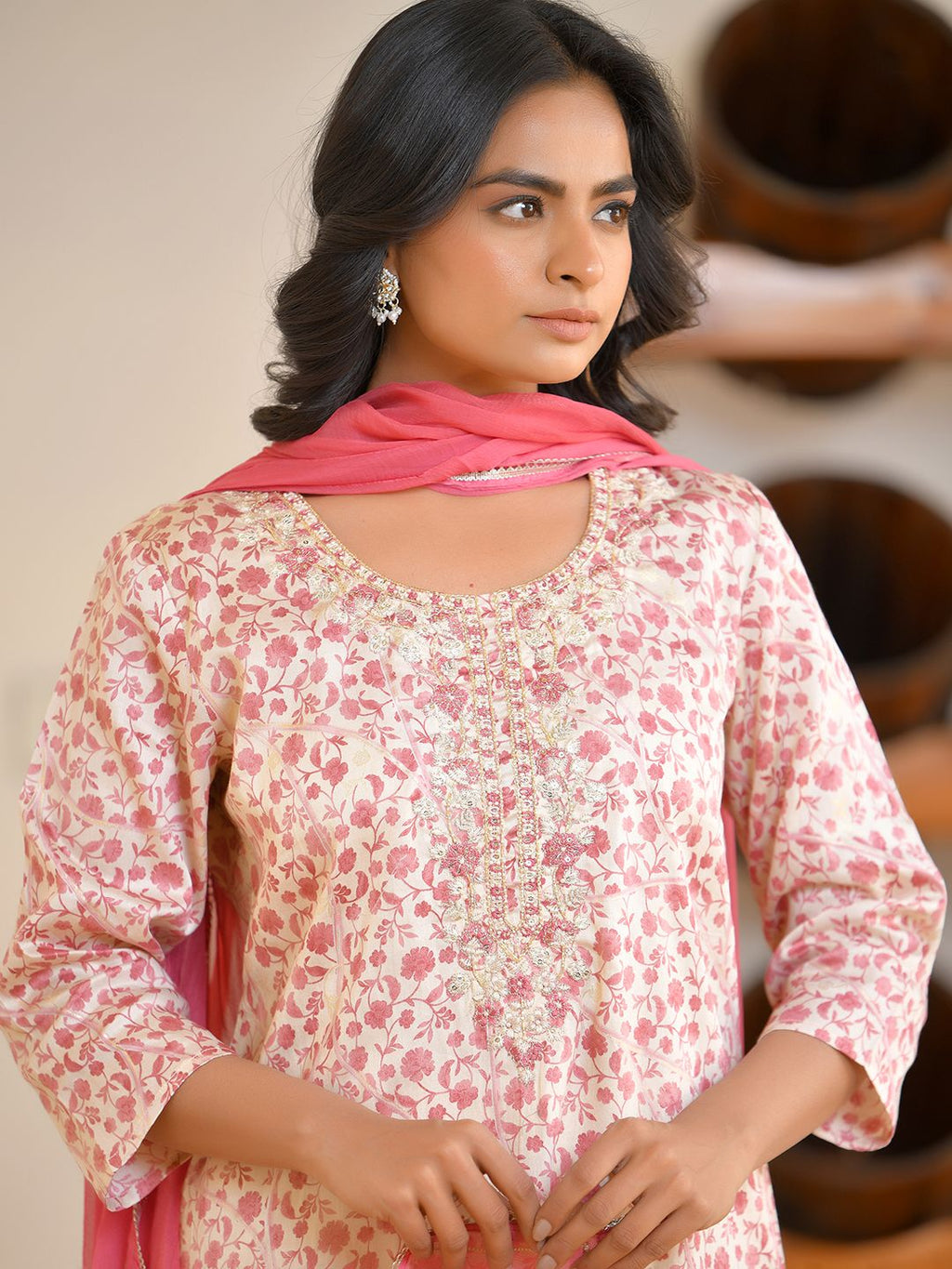 Vaasva Women's Classic Cream Cotton Foil Printedembroidered Suit Set | Grocsy