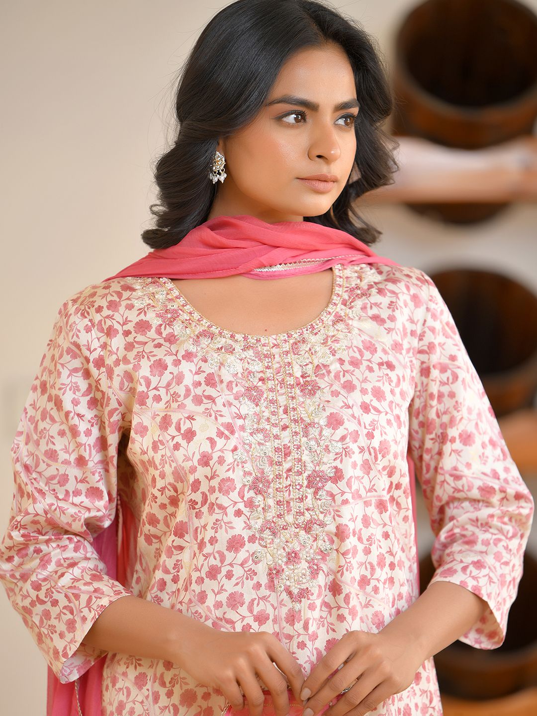 Vaasva Women's Classic Cream Cotton Foil Printedembroidered Suit Set | Grocsy