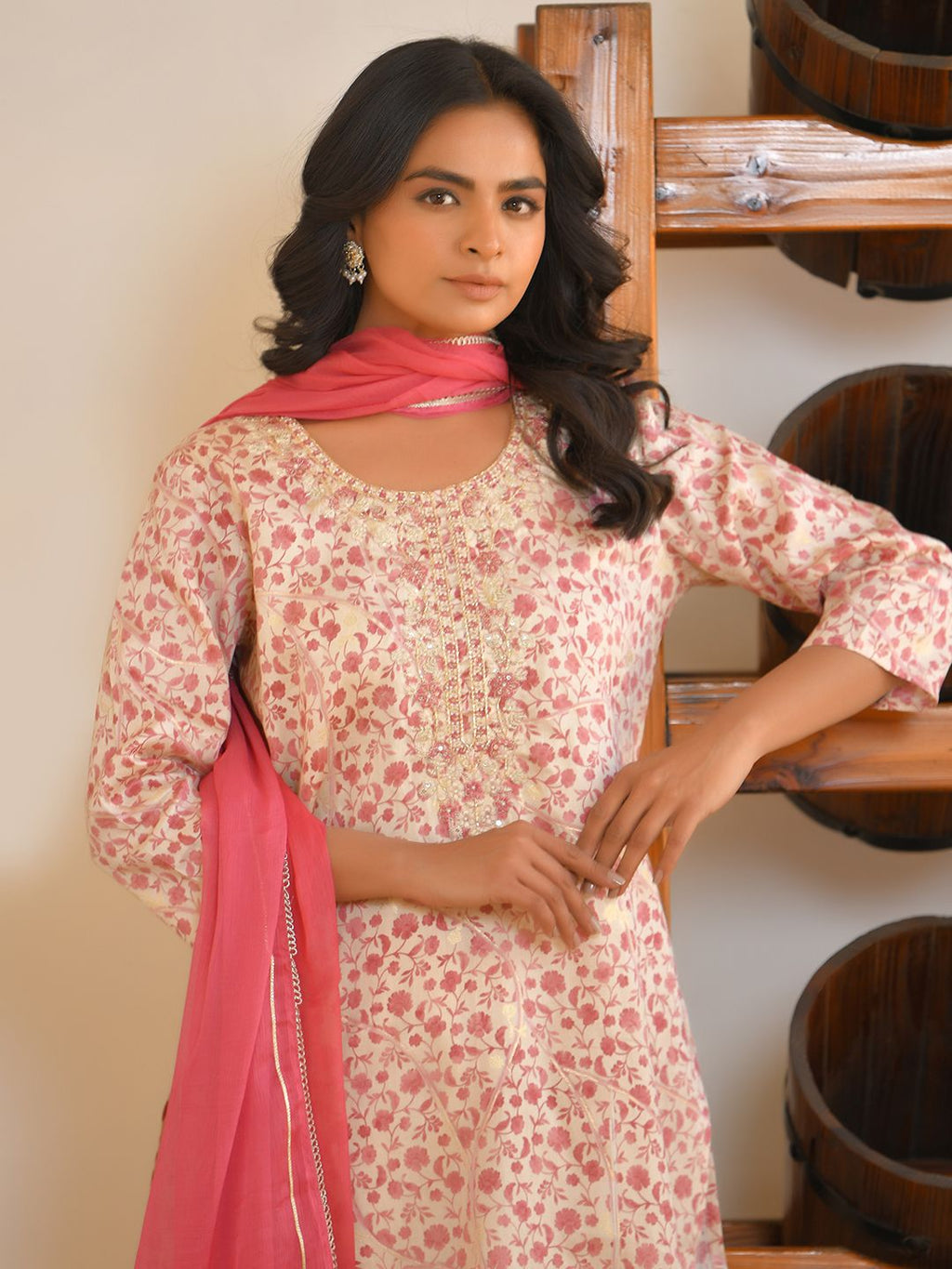 Vaasva Women's Classic Cream Cotton Foil Printedembroidered Suit Set | Grocsy
