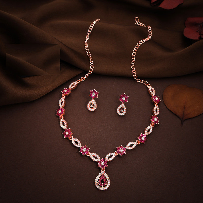 Tehzeeb Creations Elegant Pink Polished American Diamond (Ad) Studded Necklace And Earring Set For Women | Grocsy