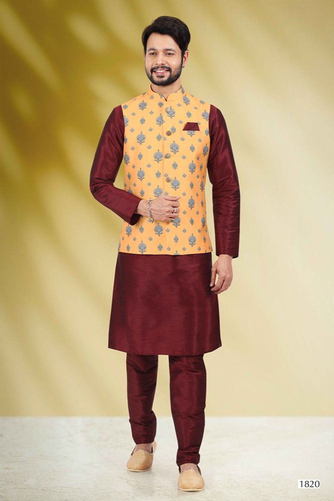 Raivat Ethnic Art Banarasi Silk Printed Work 3 Pics Jacket Set In Yellow Colour | Grocsy