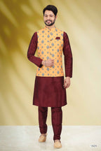 Raivat Ethnic Art Banarasi Silk Printed Work 3 Pics Jacket Set In Yellow Colour | Grocsy