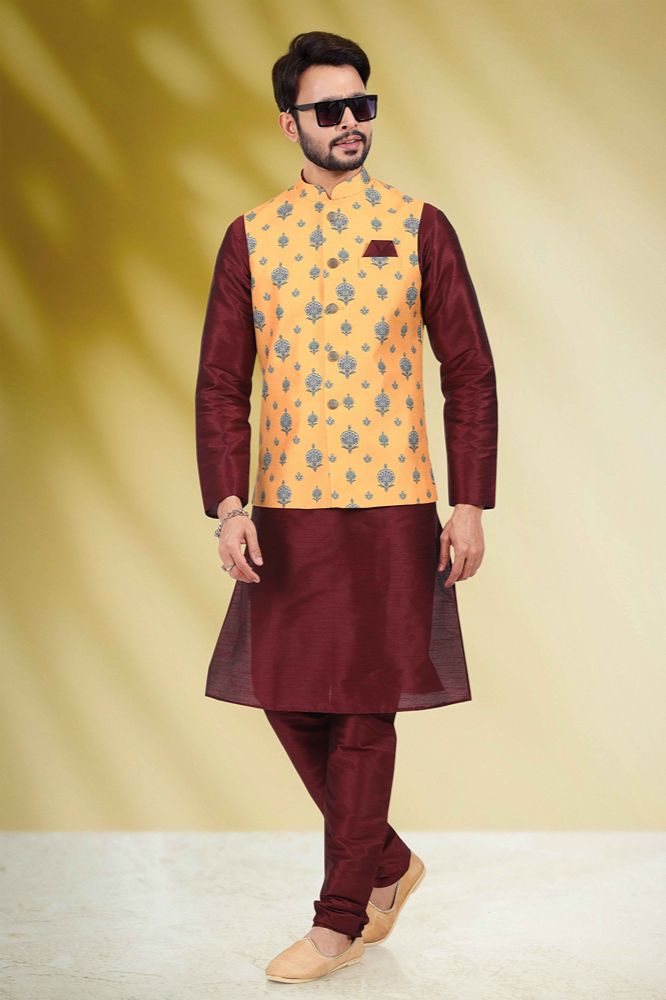 Raivat Ethnic Art Banarasi Silk Printed Work 3 Pics Jacket Set In Yellow Colour | Grocsy